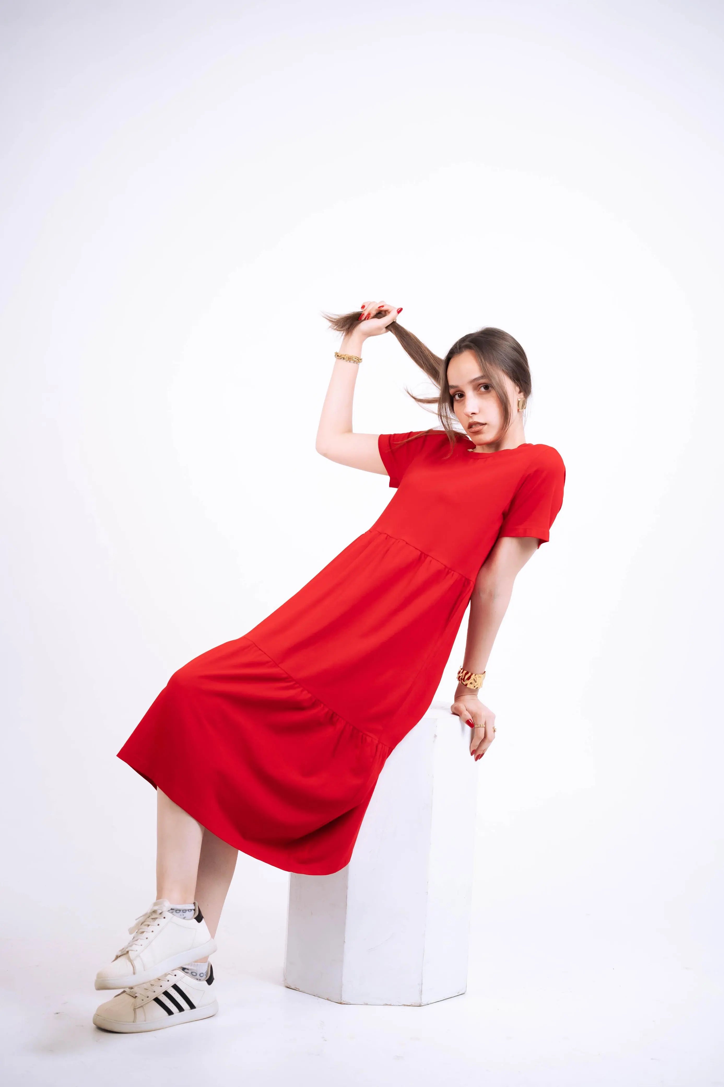Red Jersey Midi Dress